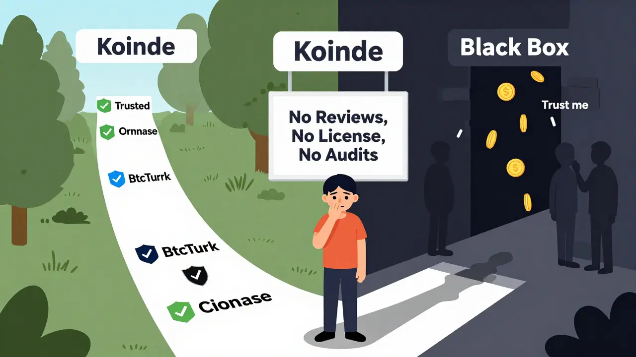 A person choosing between trusted crypto exchanges and a dark void labeled &#039;Black Box&#039;.