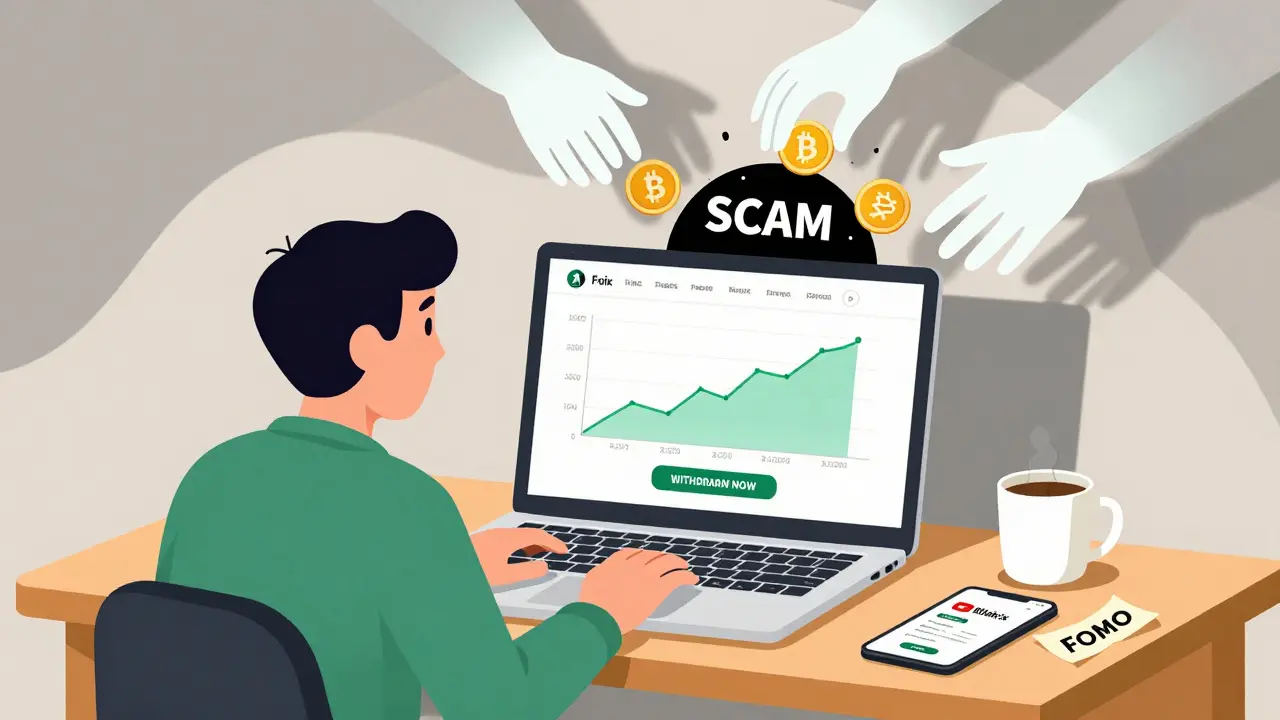 A person shocked as their crypto is pulled into a black hole by ghostly hands from a fake trading site.