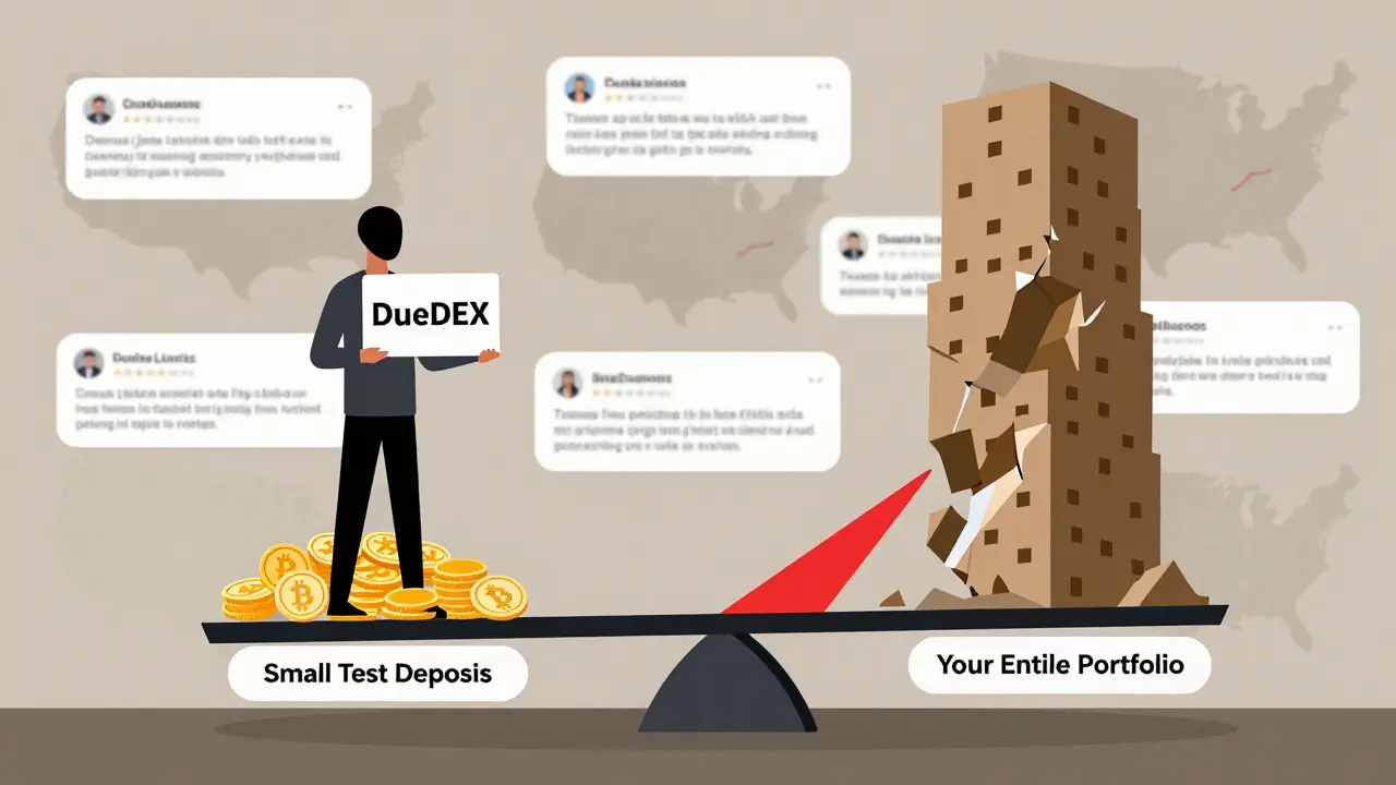 A scale balancing a small deposit against a collapsing portfolio, with fake reviews and blocked U.S. maps in background.