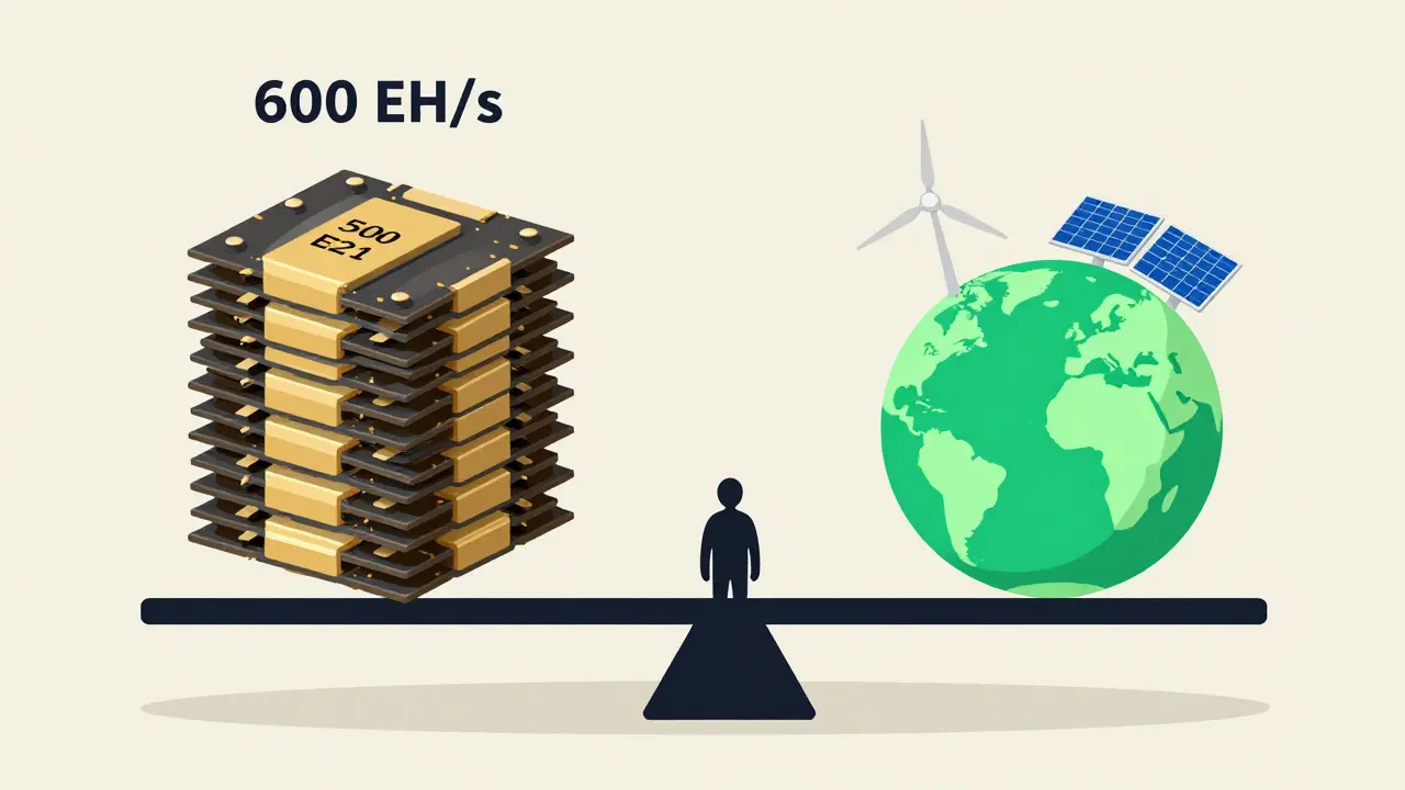 A scale balancing Bitcoin&#039;s massive hash rate against a hacker, with renewable energy on the other side.
