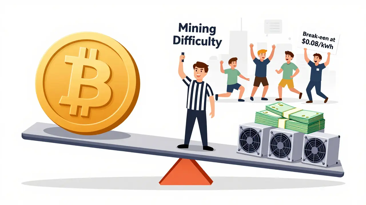 A seesaw balancing Bitcoin rewards against mining costs, with a difficulty referee tipping the scale.