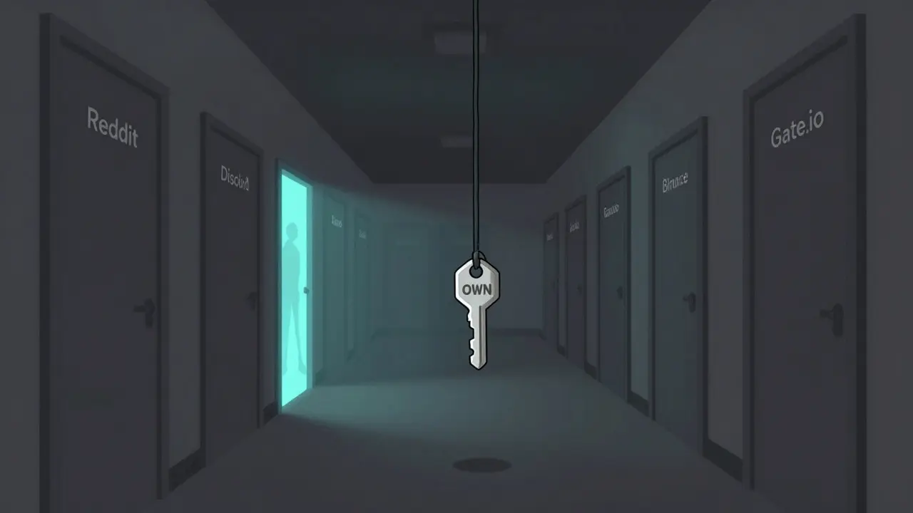A single OWN token key hangs in a dark hallway with labeled doors, one faintly glowing with anime light