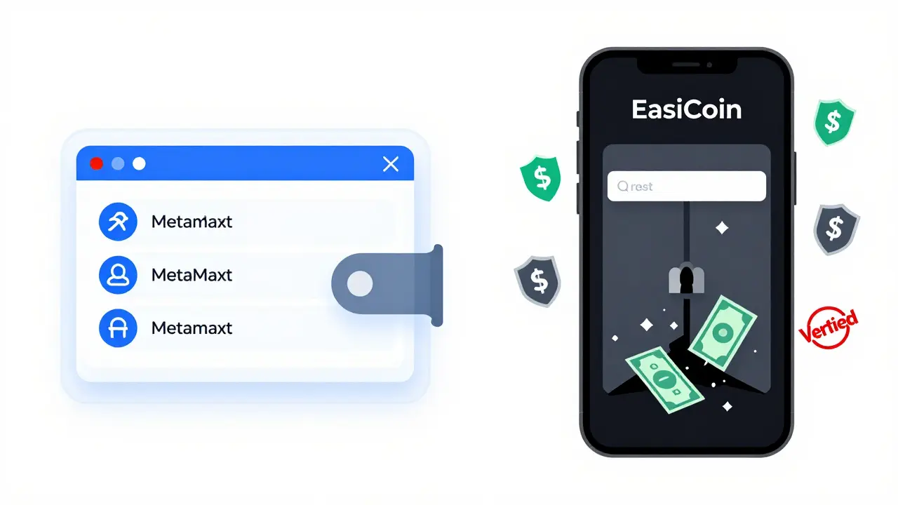 A transparent, secure crypto wallet contrasts with a black-box EasiCoin app where money disappears into nothing.
