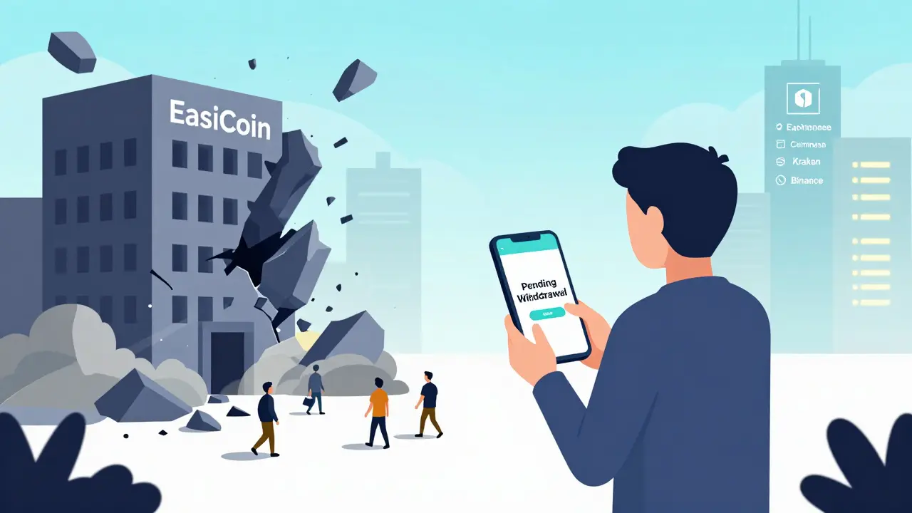 A user sees a failed withdrawal on their phone as the EasiCoin building crumbles, while trusted exchanges shine in the distance.