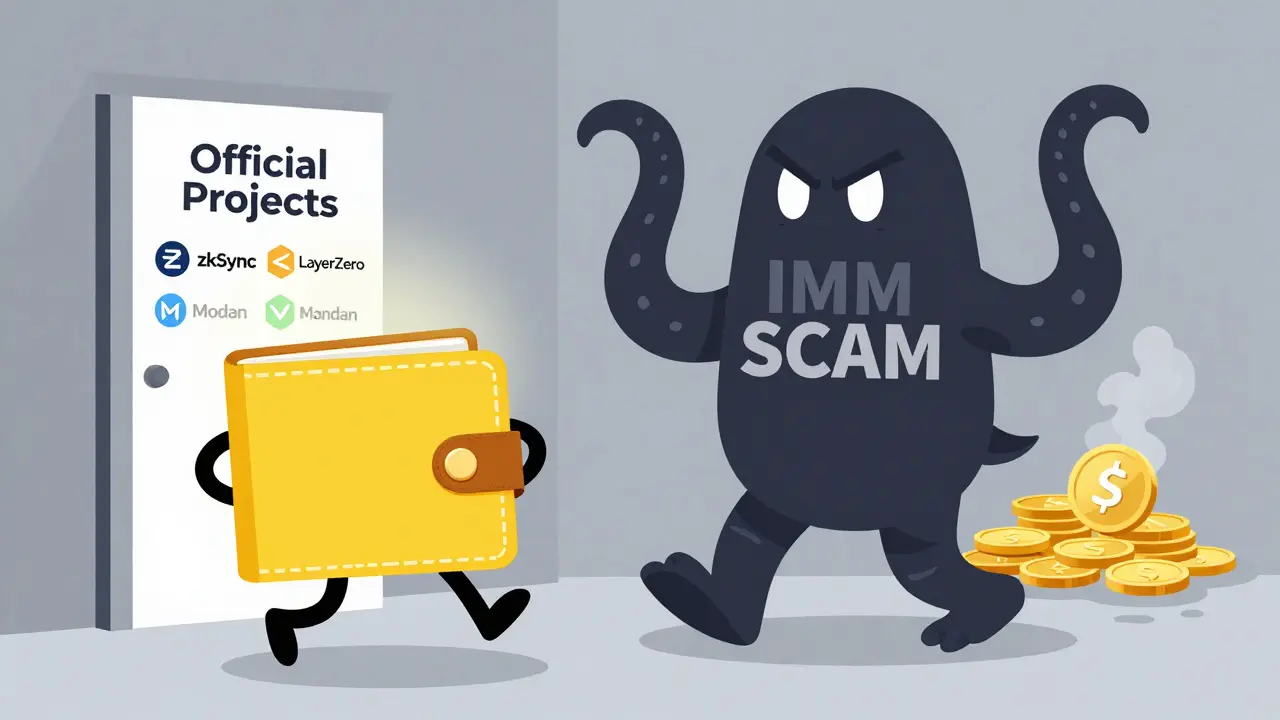 A wallet running from a monster labeled &#039;IMM SCAM&#039; toward a door with logos of trusted projects like zkSync and LayerZero.
