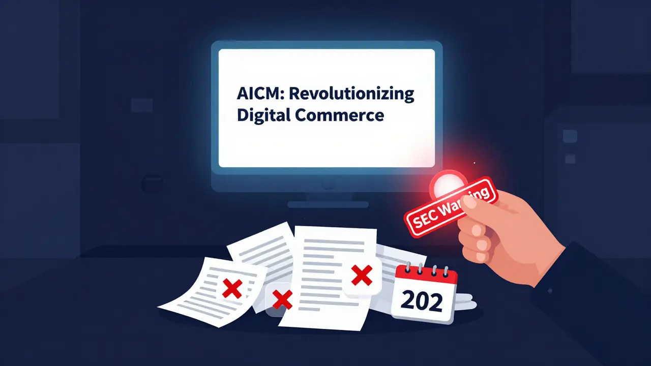 An empty room with a fake AICM slogan on screen, surrounded by discarded tech and a SEC warning stamp.