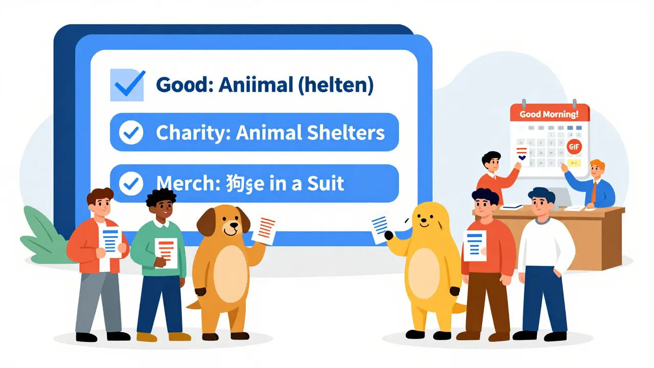 Community voting on charity and merch options with daily posts on a calendar