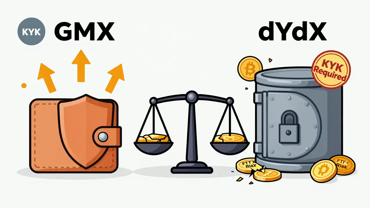 Comparison of GMX (decentralized, no KYC) vs Binance (centralized, KYC required) in split-panel illustration