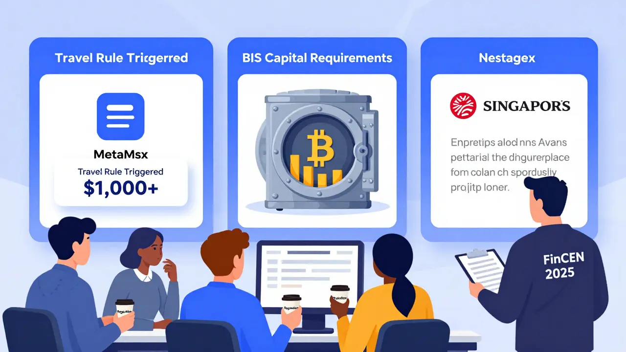 Compliance dashboard showing travel rule alert, bank capital requirements, and Singapore license approval.