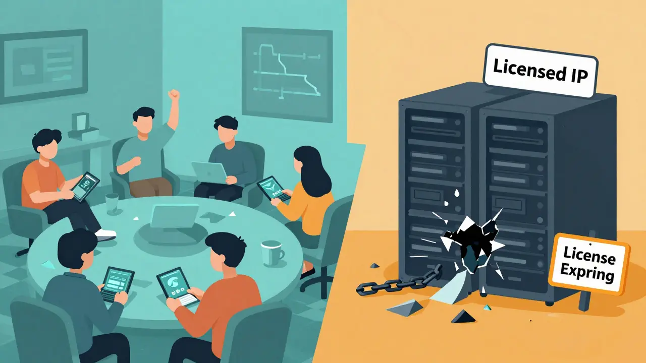 Fans collecting NFTs on one side, a licensed IP license crumbling on the other in a symbolic split scene