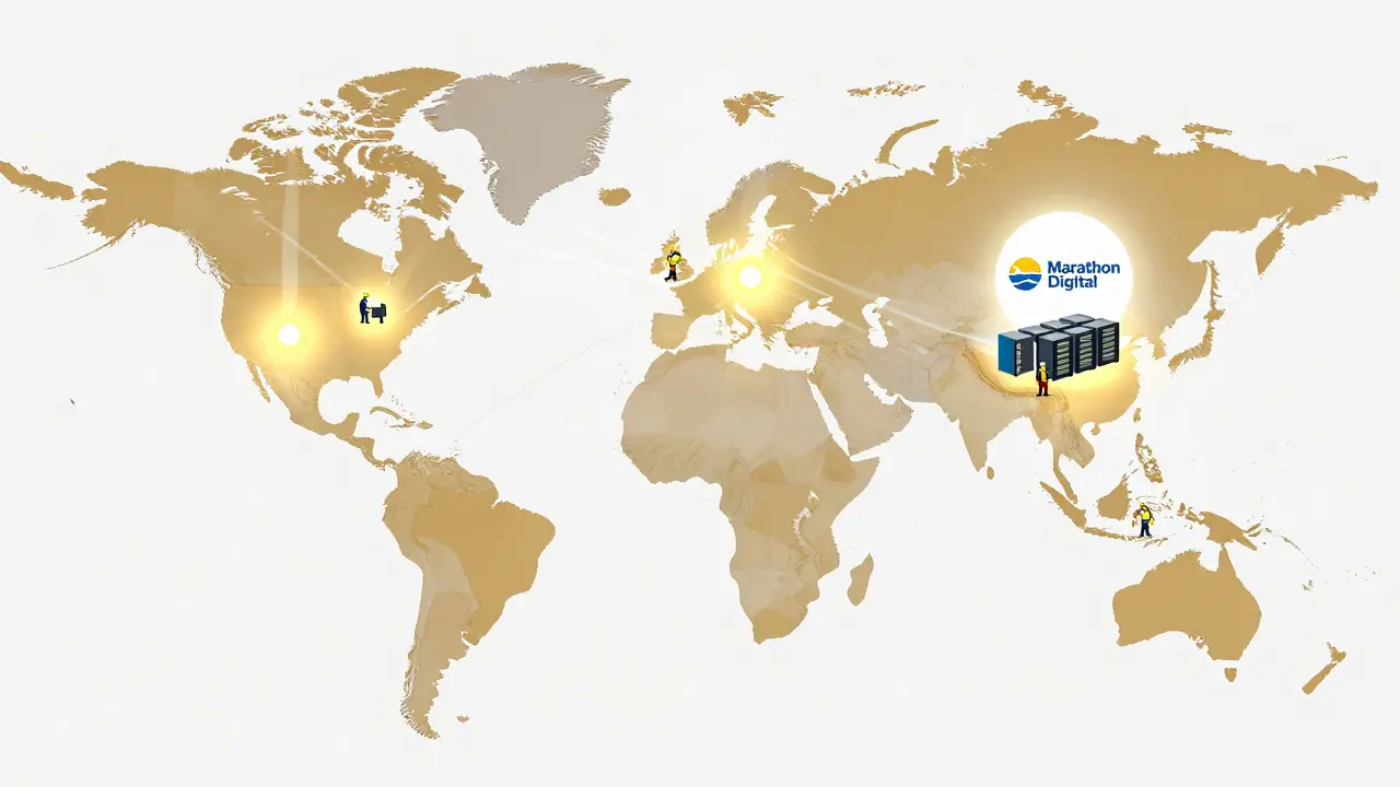 Global map showing top mining regions with glowing hash rate waves and corporate mining centers.