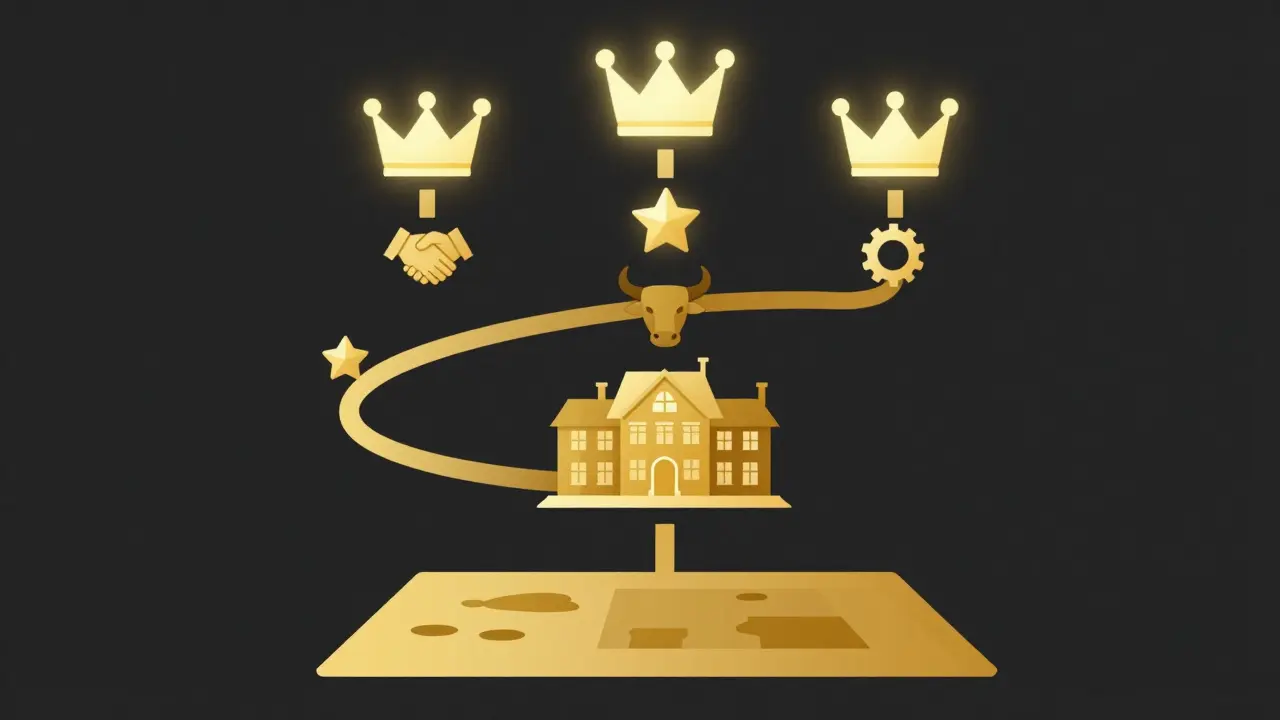 Hierarchy of NFTs from Polqueen to Sovereign, connected by community icons in flat illustration style.