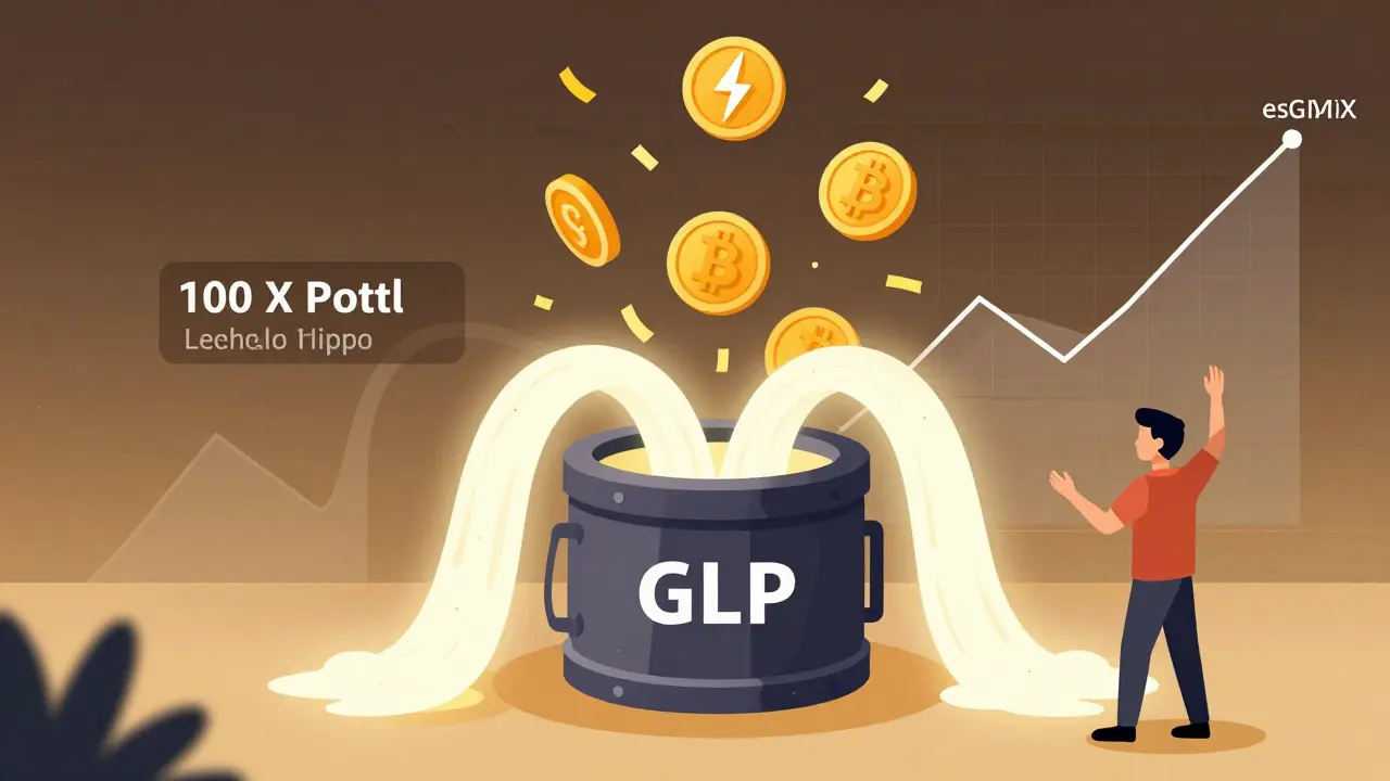 Liquidity provider depositing assets into GLP pool with reward tokens raining down