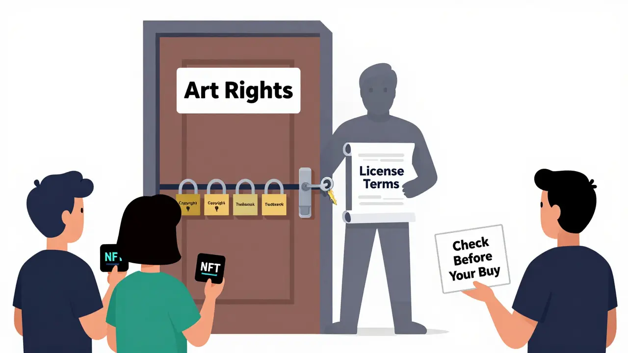 Locked door labeled 'Art Rights' with NFT key, surrounded by legal padlocks, while an artist holds license terms behind it.