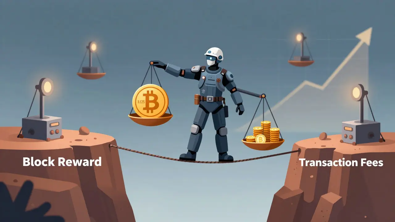 Miner on a tightrope balancing block rewards against rising transaction fees.