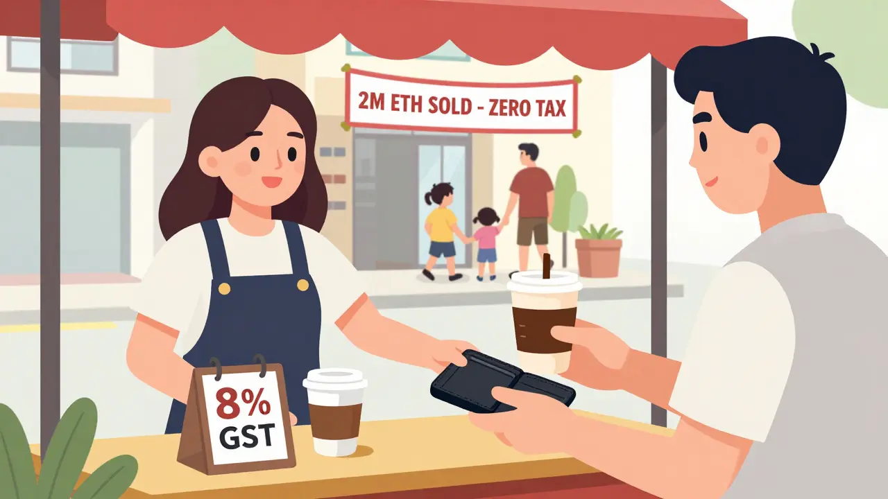 Person buying coffee with crypto in Singapore, GST shown on receipt but no tax on crypto gain