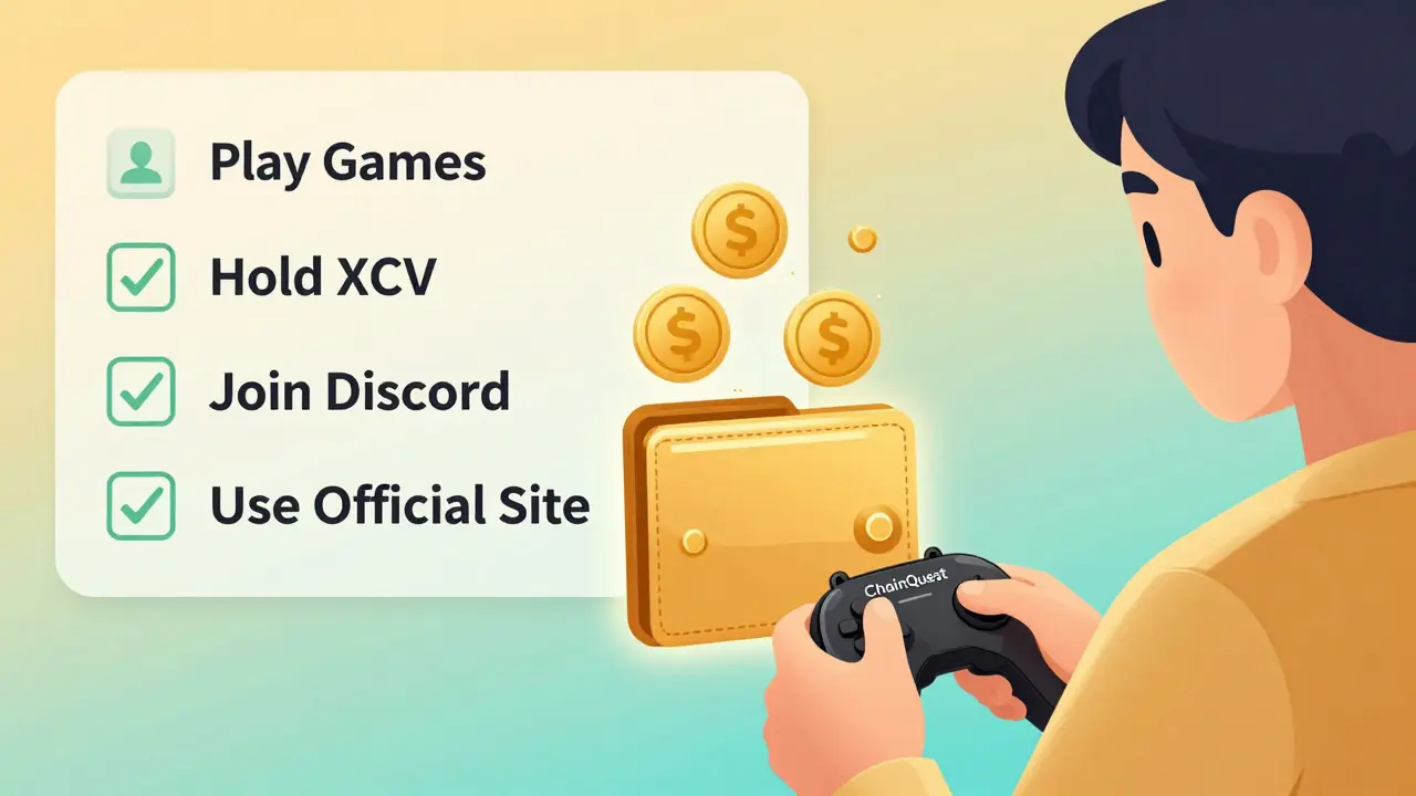 Player earning XCV tokens through gameplay while following official preparation steps in a clean flat design.