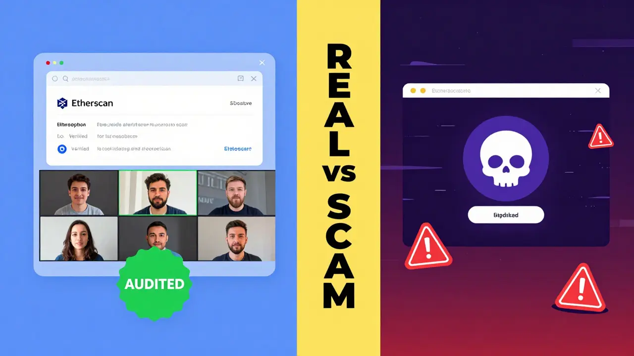 Side-by-side comparison: legitimate crypto project vs. scam website with blockchain data.