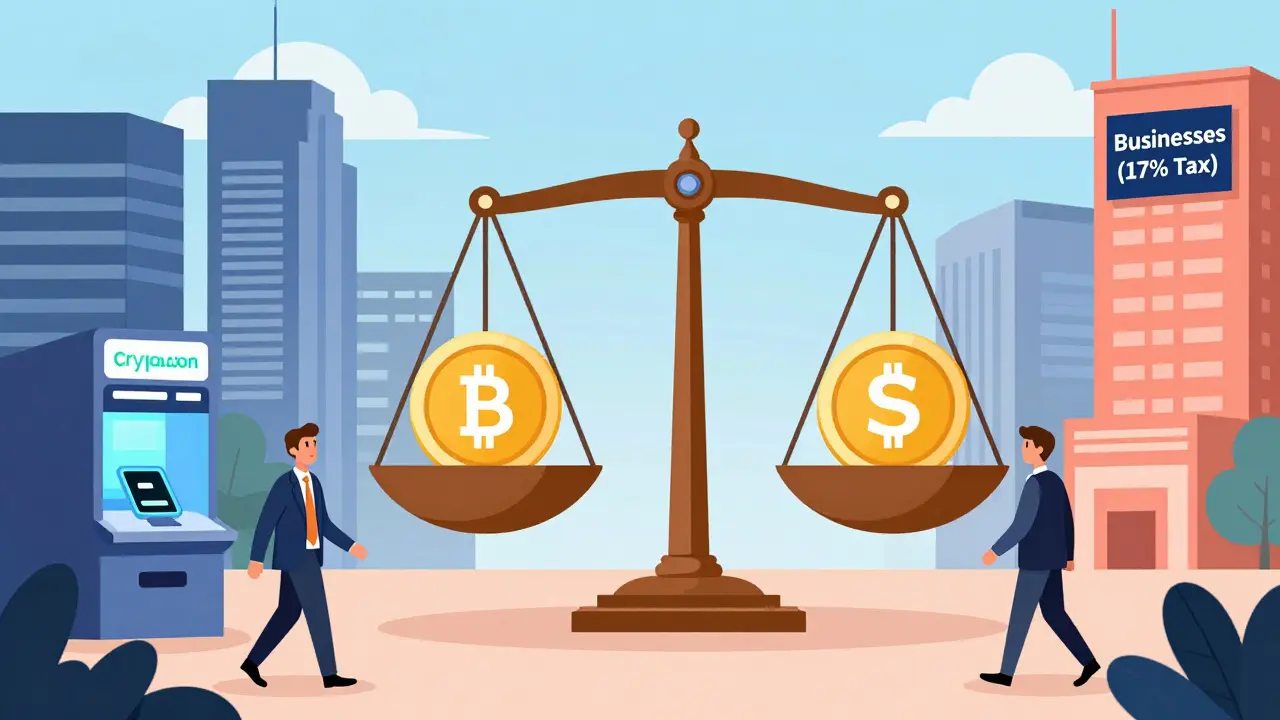 Singapore financial district with crypto ATMs and a scale balancing individual vs business crypto taxes