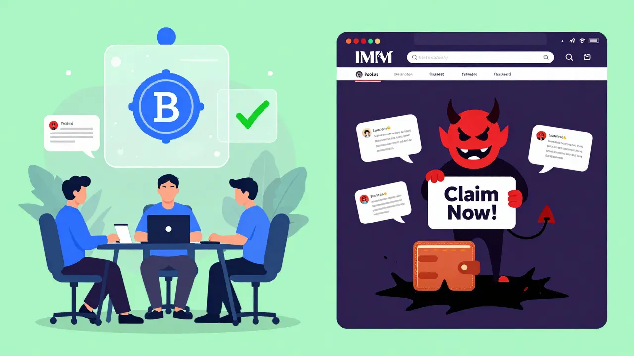 Split scene: real crypto airdrop on left with verified team and Etherscan checkmark, fake IMM scam on right with wallet draining into a black hole.