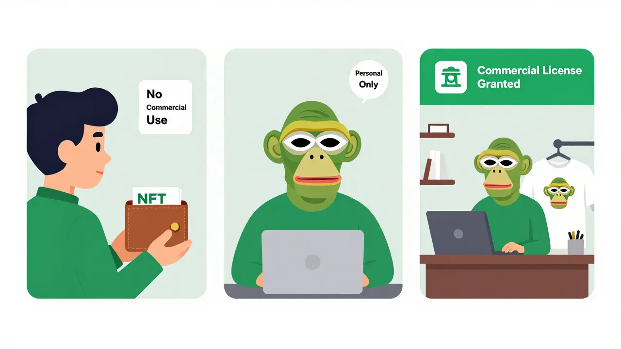 Three scenarios showing different NFT usage rights: no commercial use, personal use, and commercial license granted.