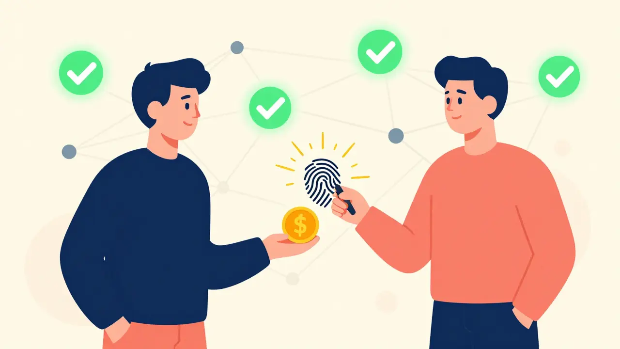 Two figures exchanging crypto coins with a digital signature verifying the transaction across a network.