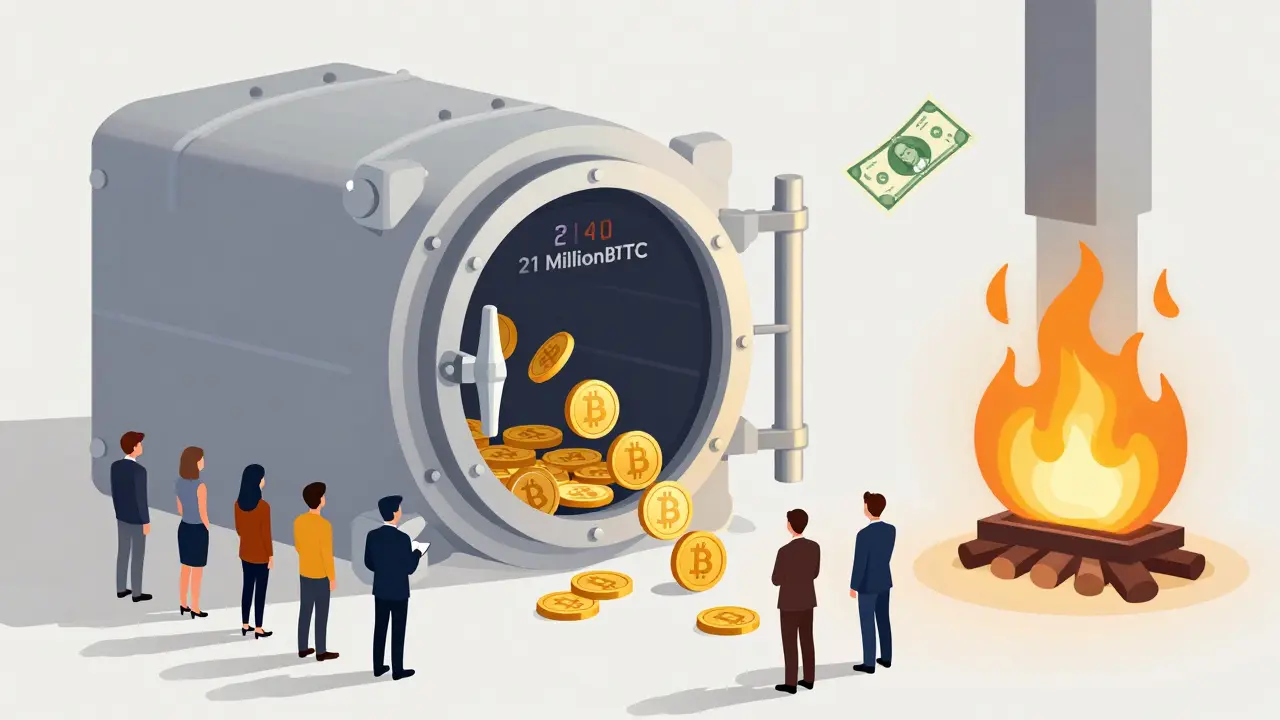 Vault containing 21 million Bitcoin with a countdown to 2140 and burning fiat bills.