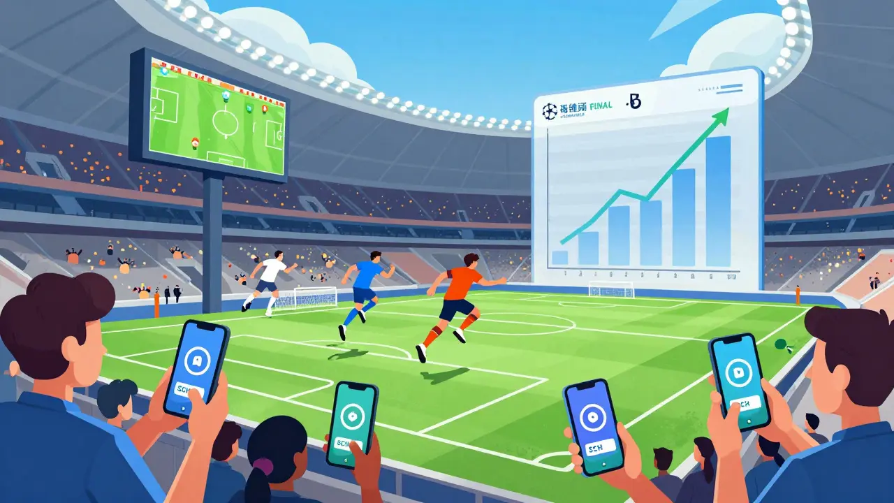 Virtual soccer players scoring goals that boost SCH token values as fans cheer in a digital stadium.