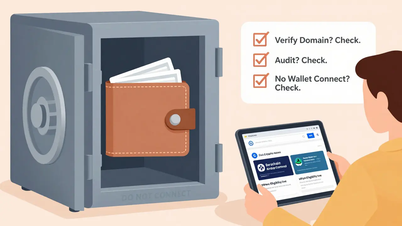 Wallet safely locked away while person verifies airdrop legitimacy on trusted news site.