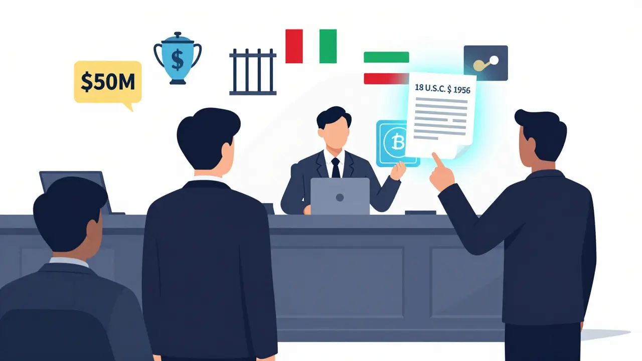 A defendant in court surrounded by icons of large-scale crypto laundering and legal charges.