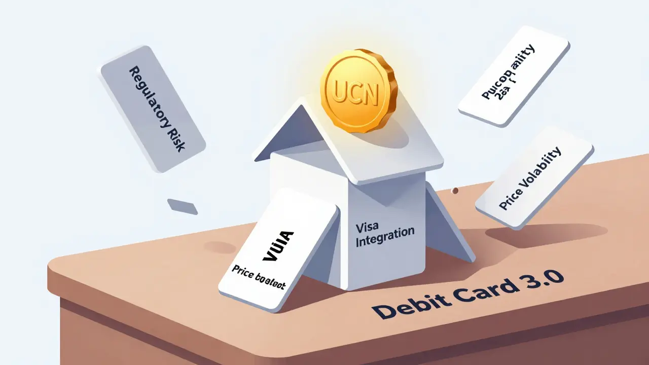 A fragile house of cards shaped like a UCN token, with one card labeled 'Visa Integration' about to stabilize it.
