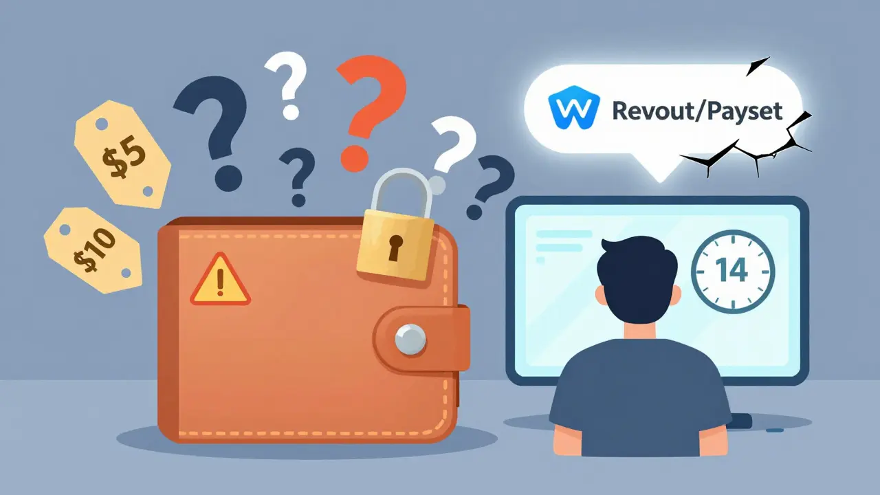 A locked wallet with hidden fees floating around, representing risks in some multi-currency platforms.