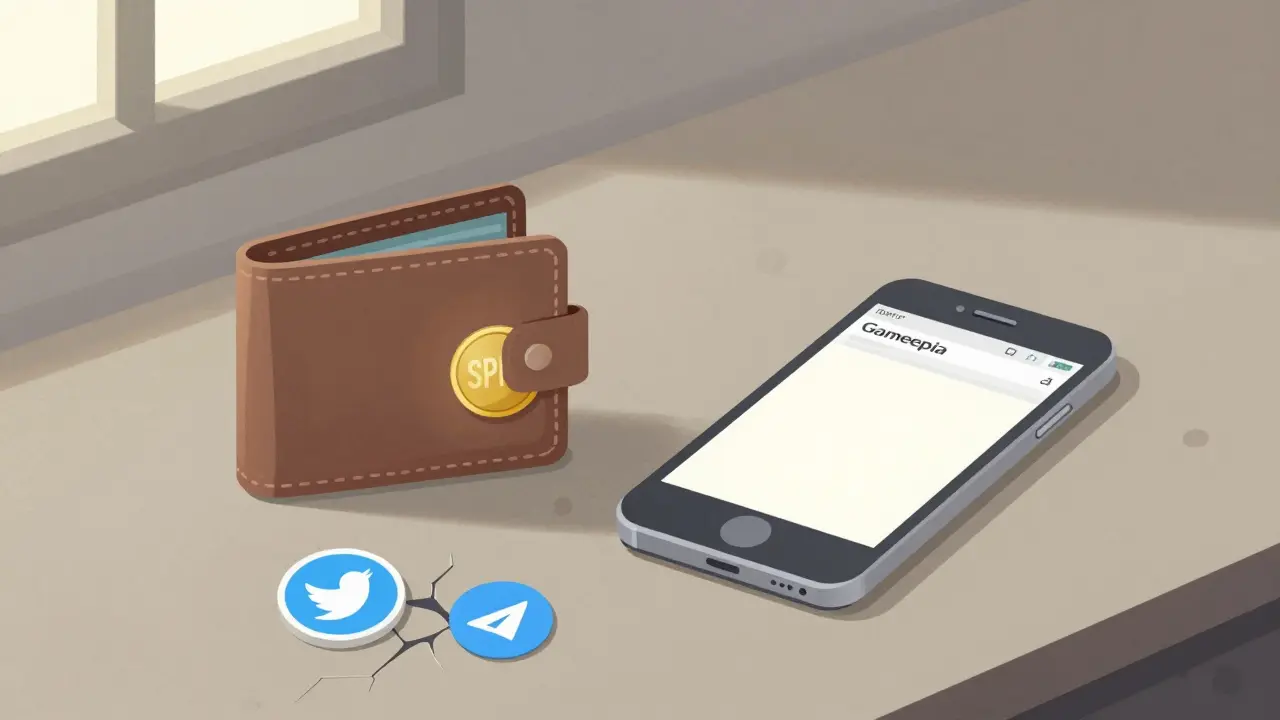 A lone SPIN token in a wallet beside a forgotten phone with faded social media icons on the floor