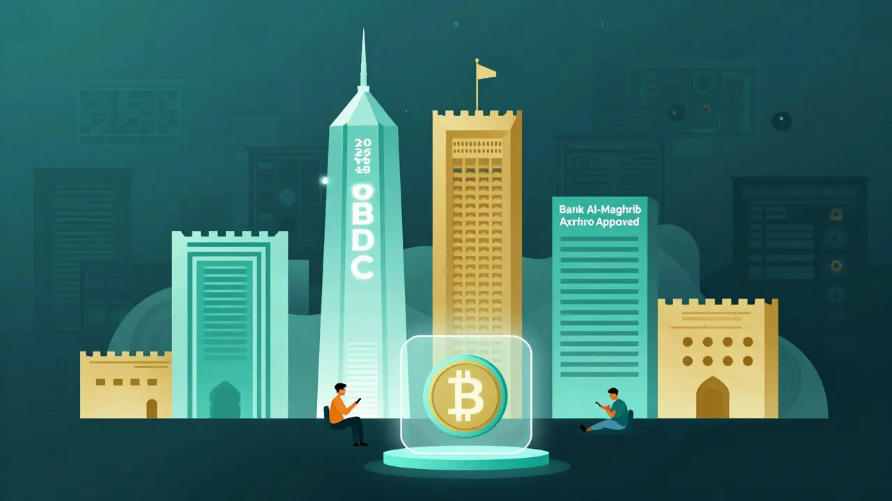 A modern Moroccan city in 2026 with a licensed crypto exchange and CBDC tower, contrasting faded illegal trades below.