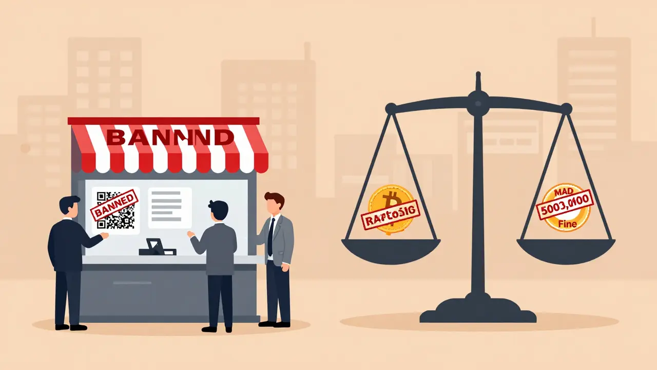 A shop owner's bank account is frozen as crypto payments are stamped banned, with a massive fine scale nearby.