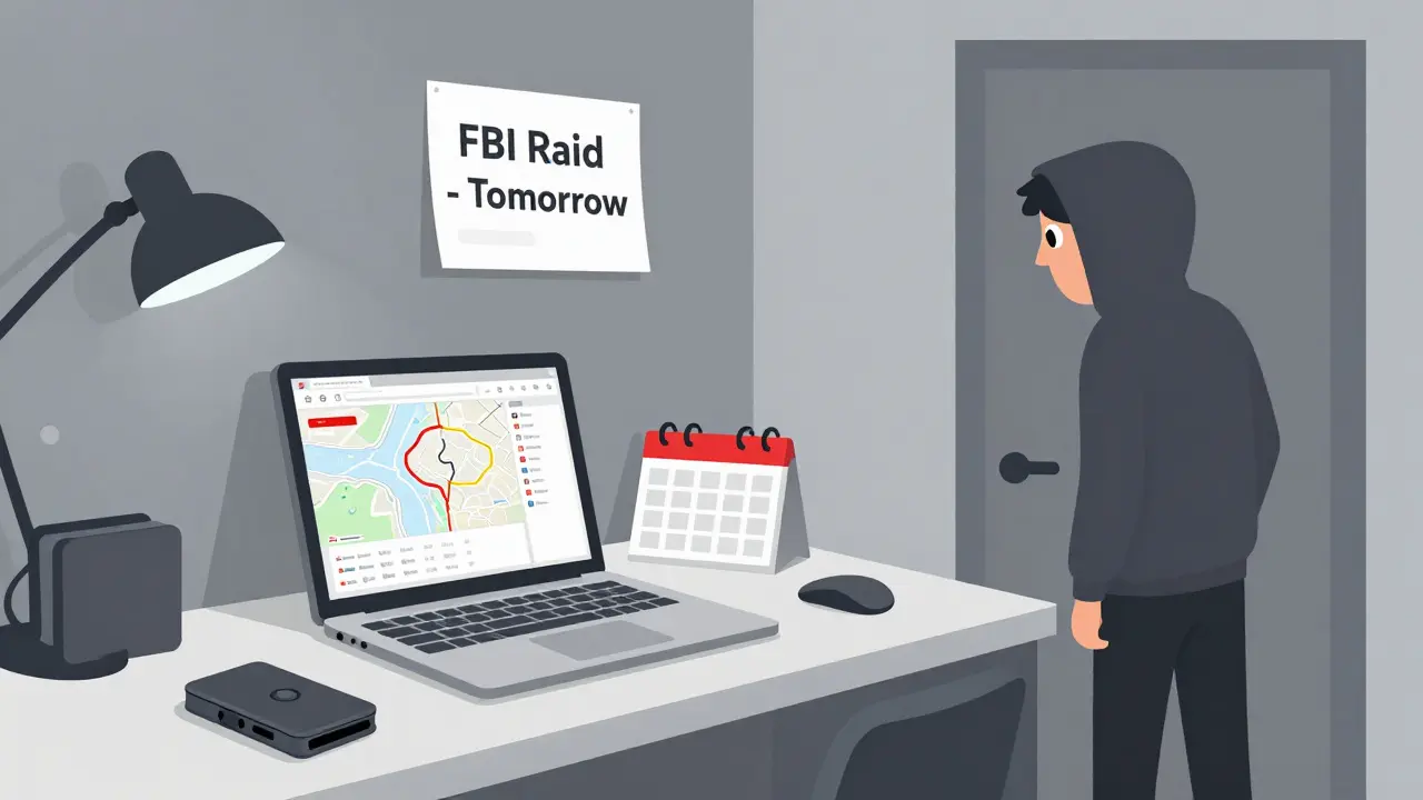 A worried individual in a home office surrounded by crypto gear, with an FBI raid notice on the calendar.
