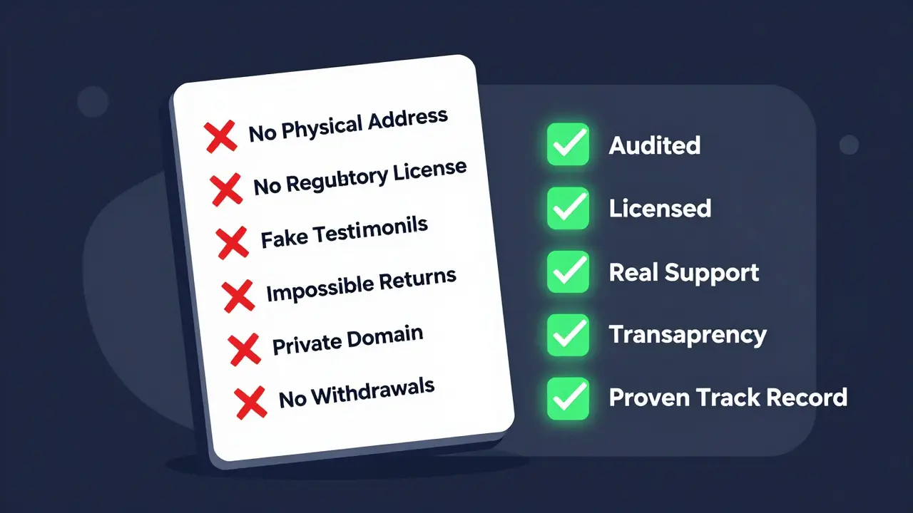 Checklist with red Xs over scam traits and green checks for safe exchanges in flat illustration style.