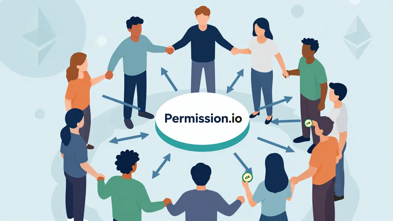 Community of people connected by ASK tokens and blockchain icons in a circular network.