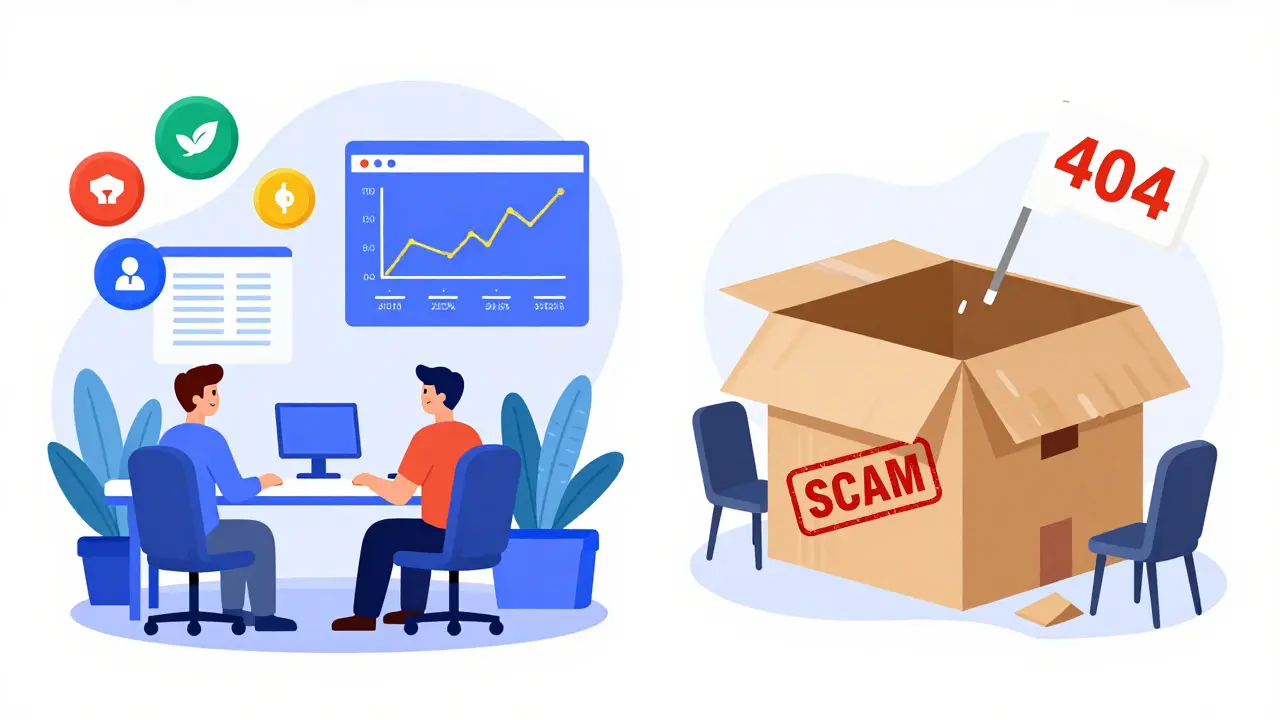 Contrast between a trusted crypto exchange and a crumbling scam box