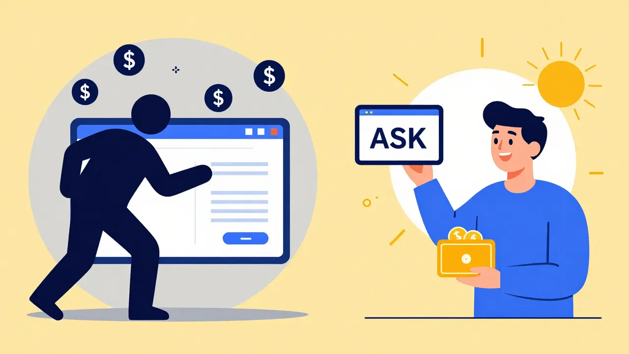 Contrast between data theft and earning tokens by watching ads in flat illustration style.