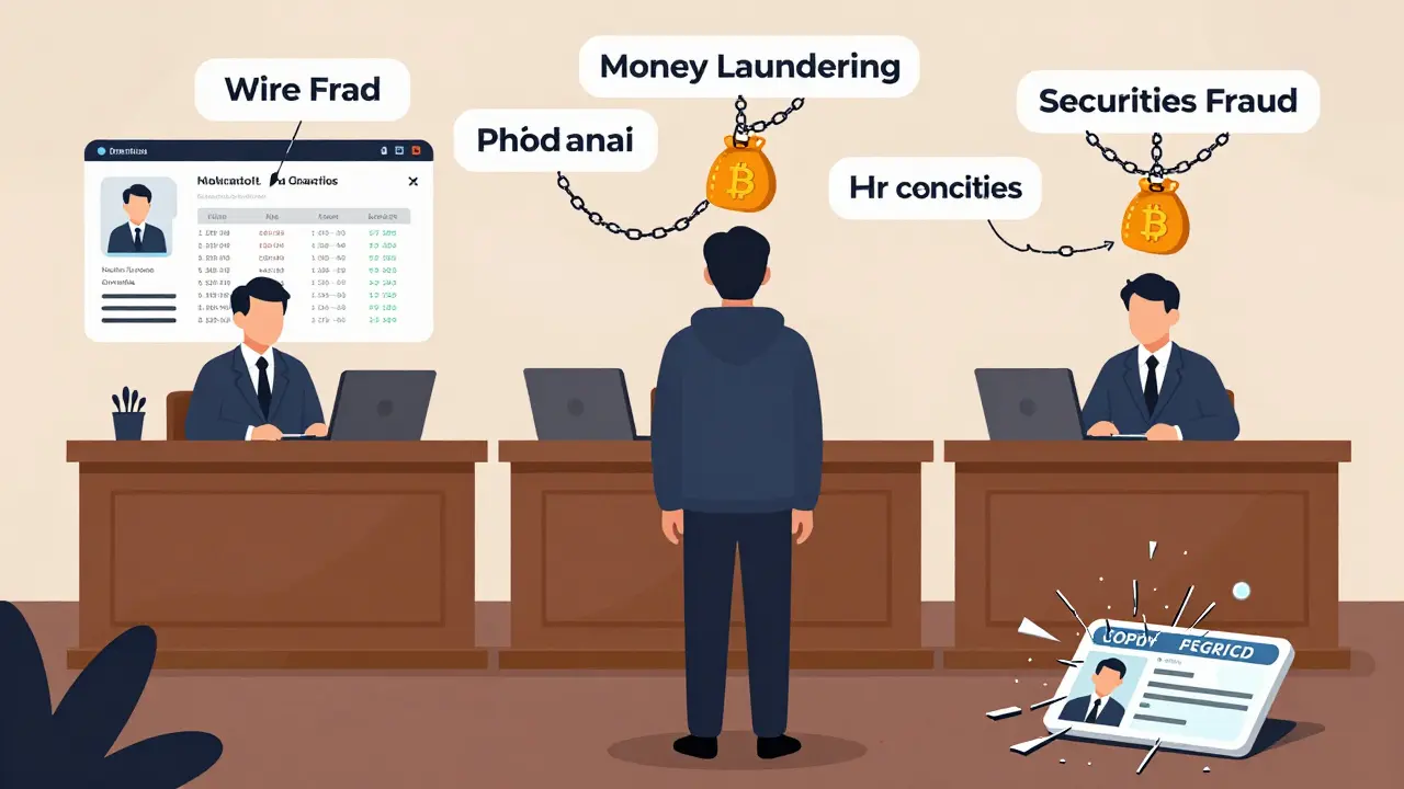 Courtroom scene with legal charges floating above a defendant as Bitcoin wallet is seized by government.