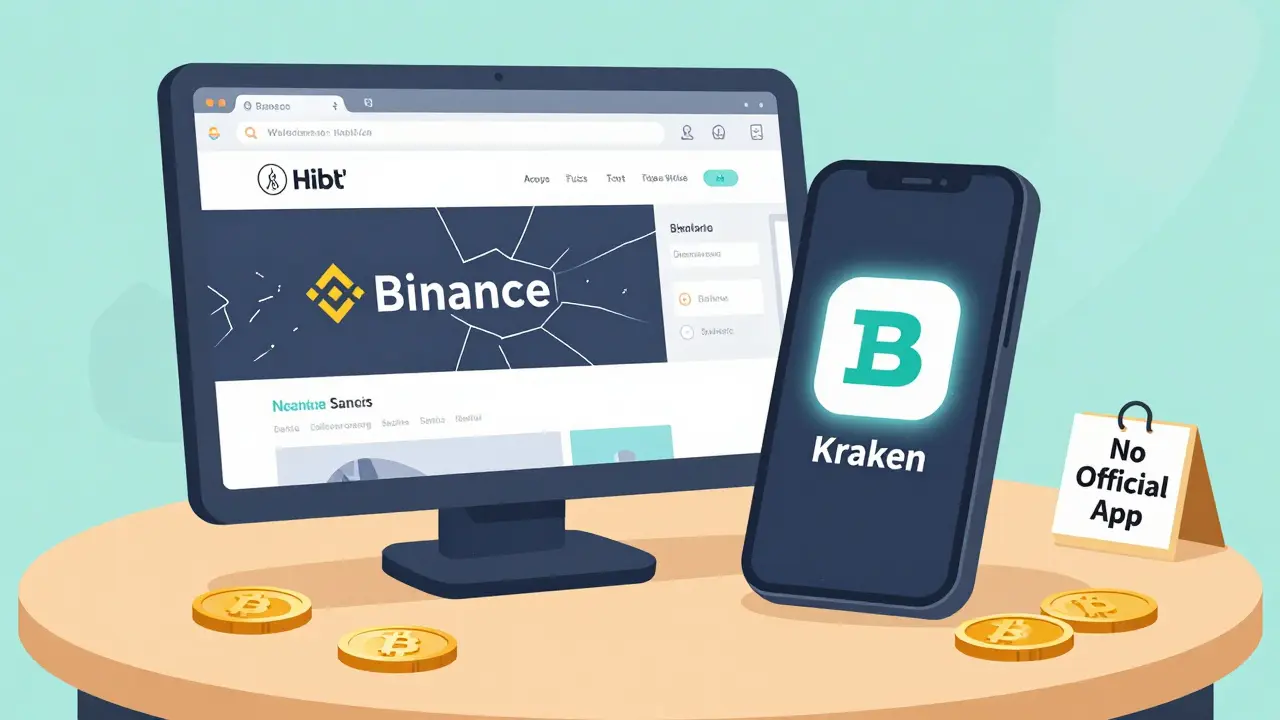 Cracked phone showing Hibt website next to glowing mobile apps for Binance and Kraken