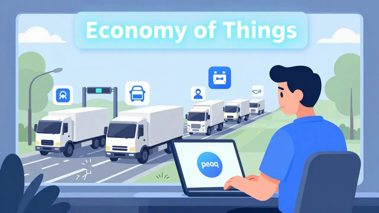 Developer deploying a smart contract while autonomous trucks pay tolls and report road damage in the background.