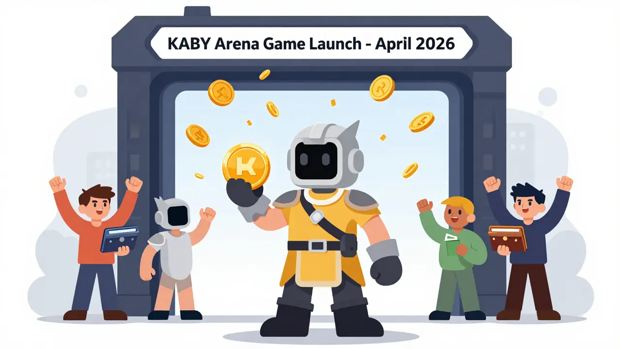 Digital warrior holding KABY token, portal to game launch behind, users cheering.