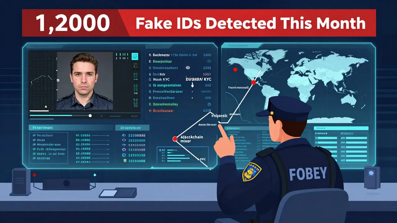 Federal agent monitoring crypto fraud with holographic dashboards showing fake IDs and transaction trails.