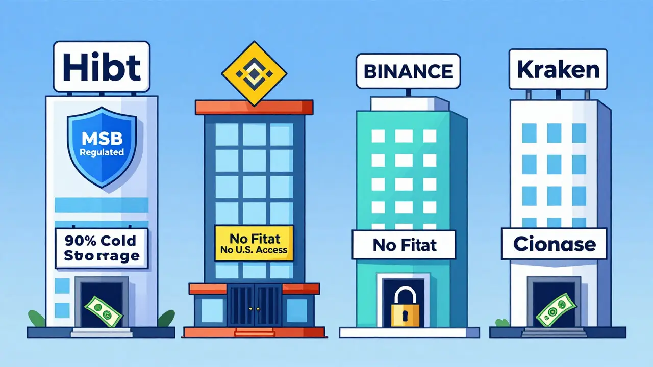 Four exchange buildings with Hibt locked behind a 'No Fiat' gate, others open with money flowing in