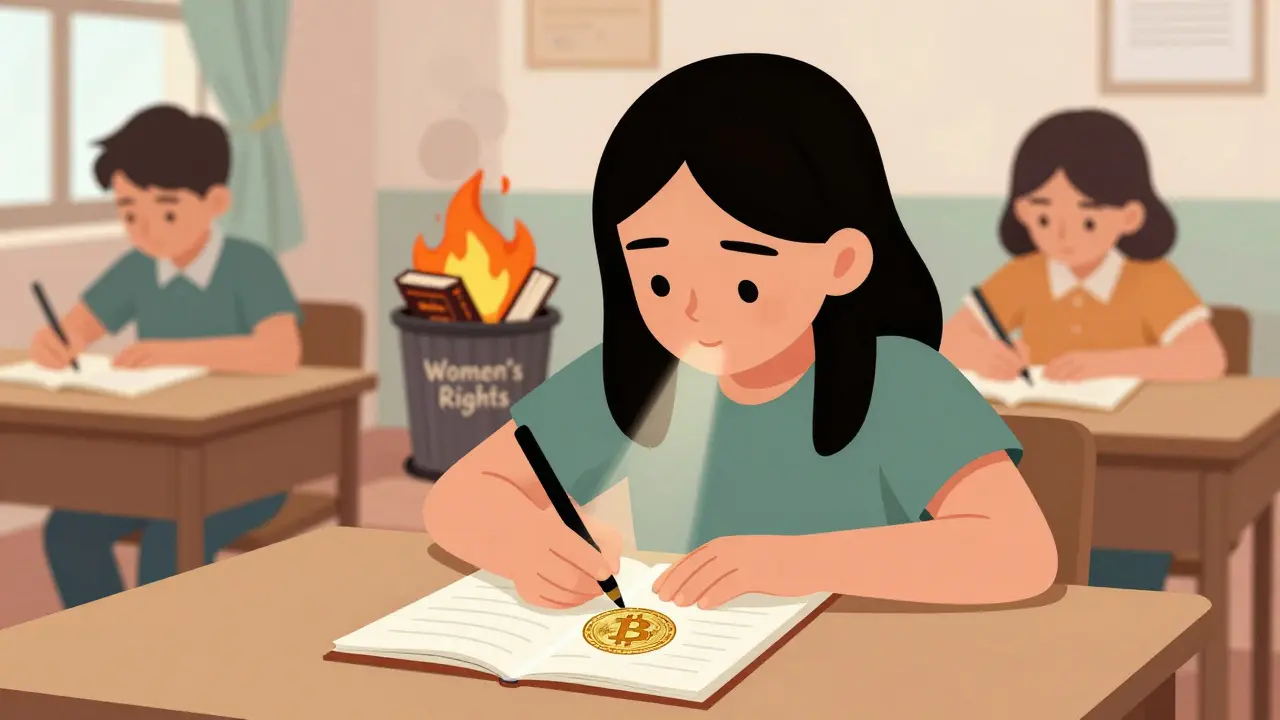 Girl secretly drawing a crypto wallet in a classroom in Herat.