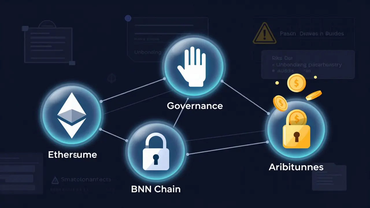 KERNEL tokens powering a multi-chain network with governance, staking, and incentive icons