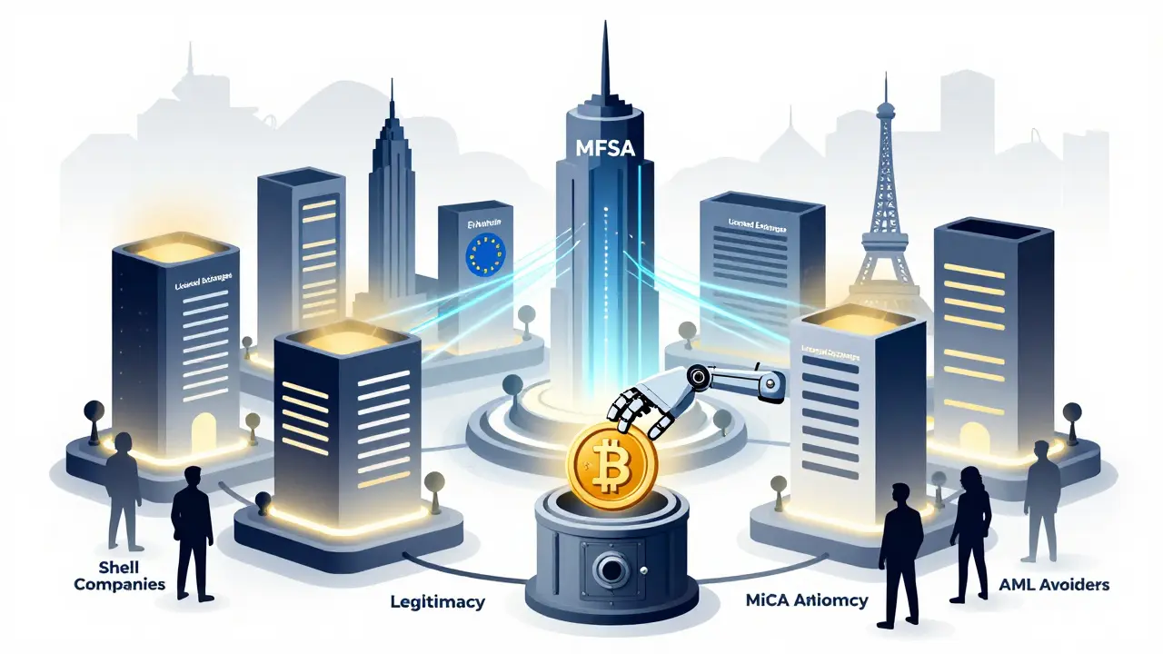 Malta crypto hub with licensed exchanges glowing, MFSA tower connecting to EU cities, license being secured in vault.