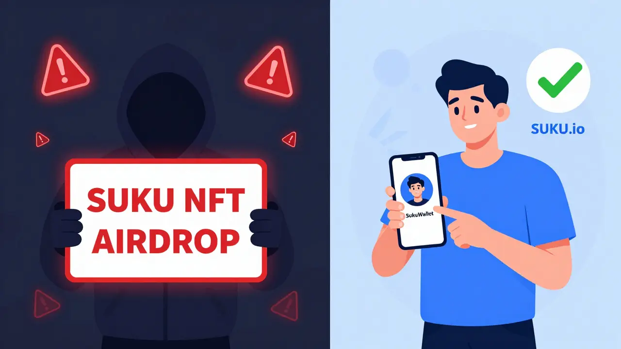 Scammer on left with fake NFT airdrop sign, safe user on right using verified SukuWallet with checkmark.